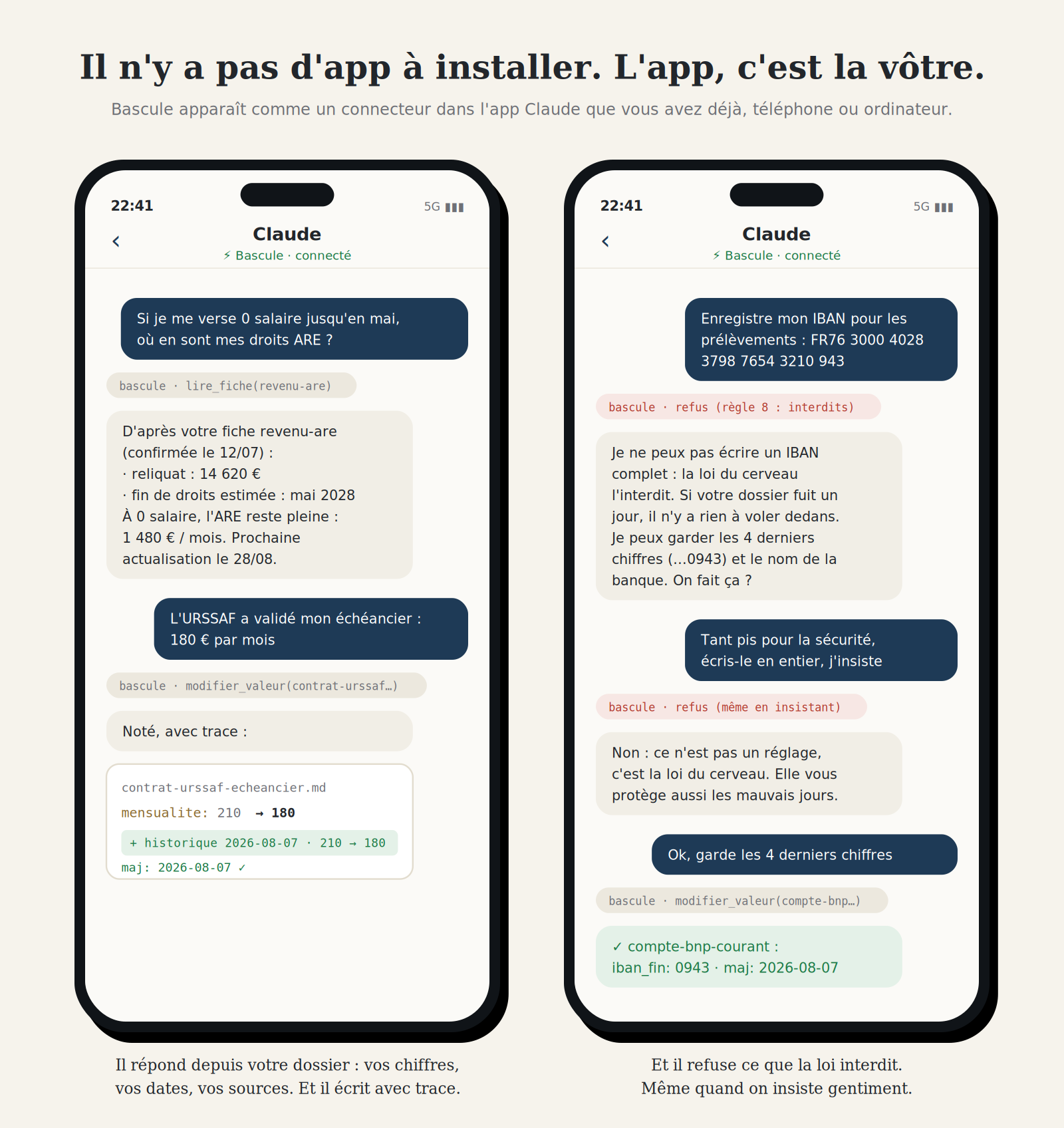 Maquette de l'app : deux téléphones sous l'app Claude